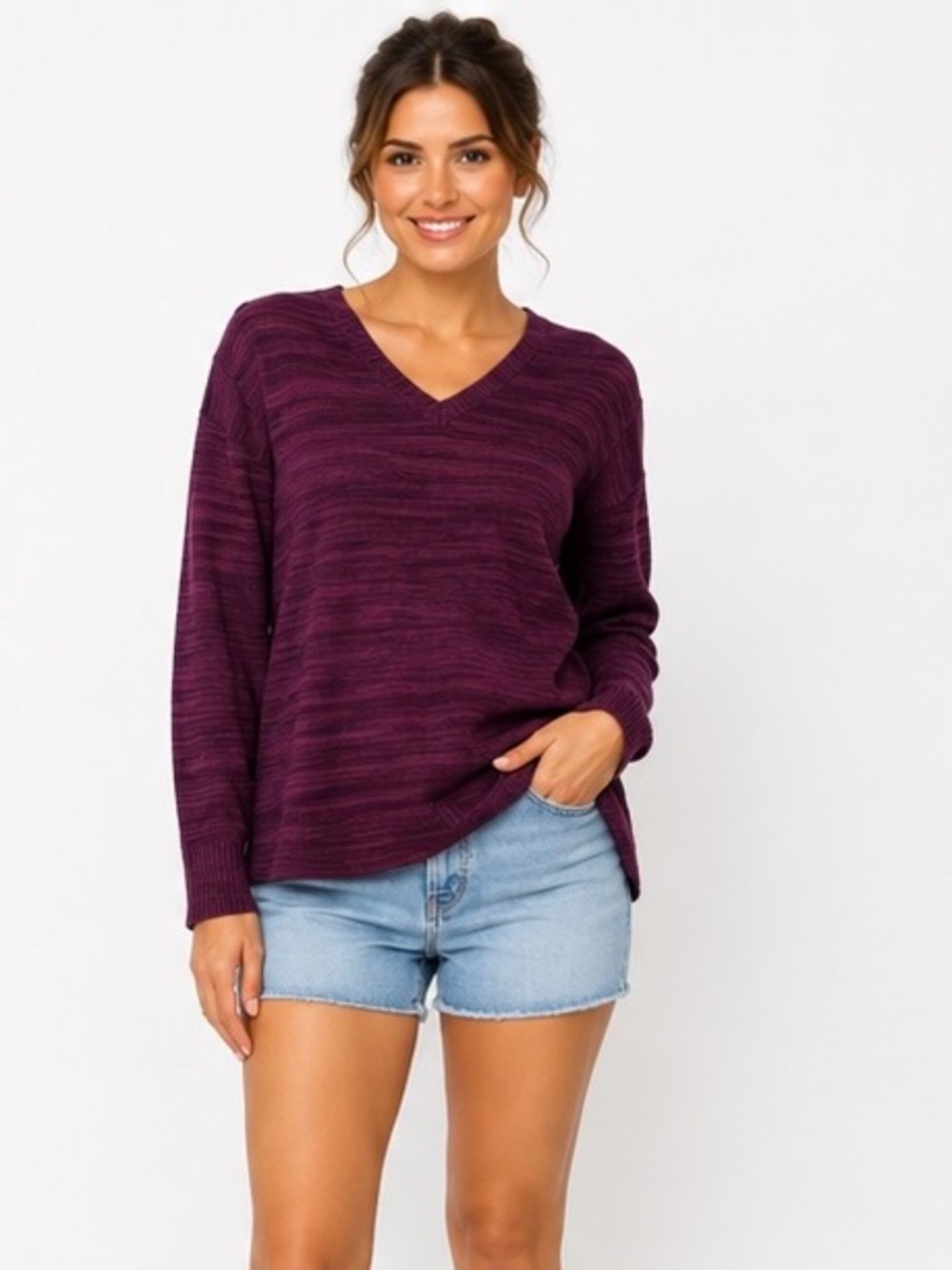 Ellen Tracy M Burgundy Purple V-Neck Textured Knit Sweater Pullover